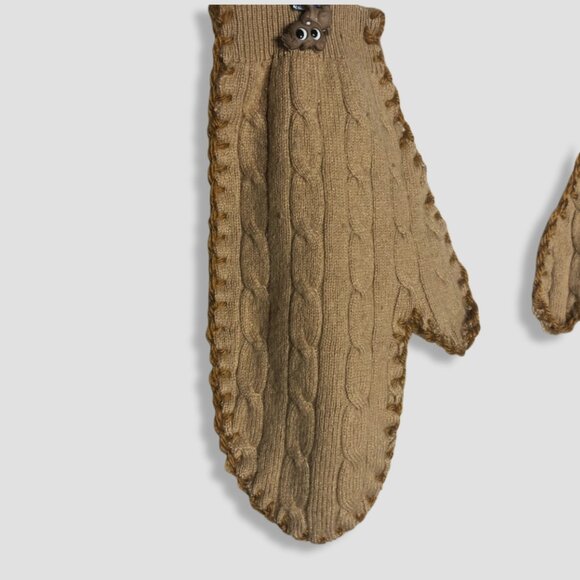 Vintage Cable Knit Wool Mittens Large Puppy Appliqué Beige - Picture 3 of 10